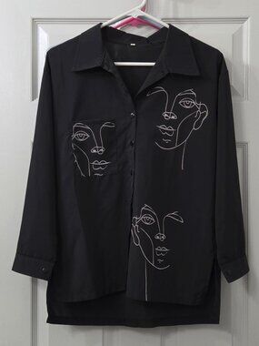 Black Dress Shirt with Face Drawings